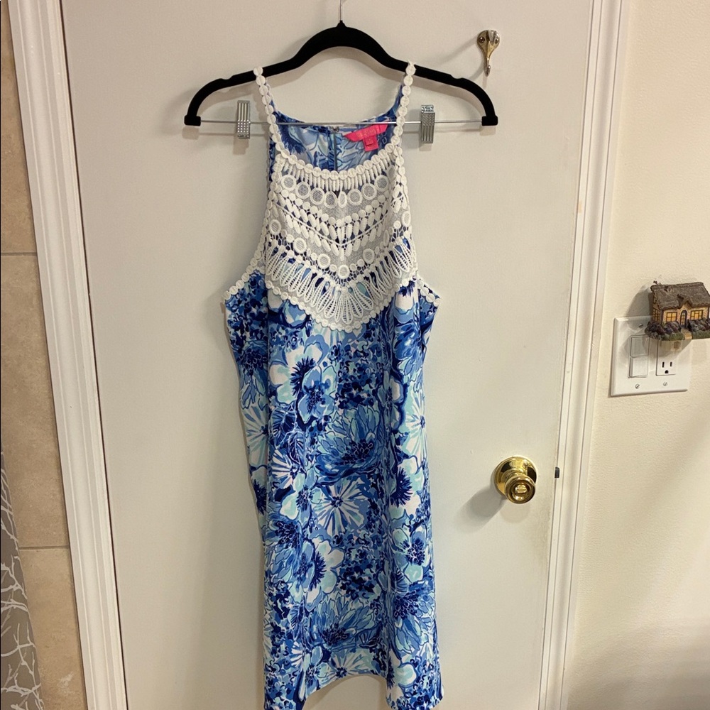 Lilly Pulitzer Blue and White Floral Midi Dress with Crochet Yoke